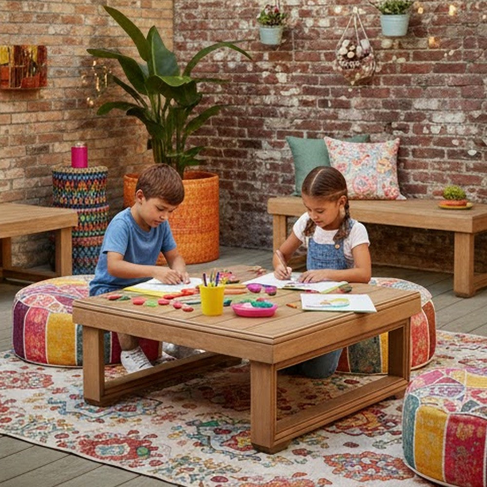 Benjara Chelsie Outdoor Coffee Table, Slatted Top, Brown Wood, Square 28 Inch