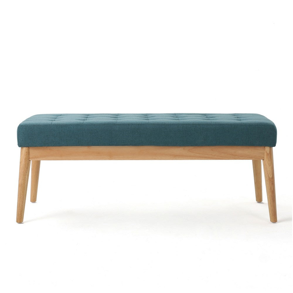 Benjara Gisa Ottoman Bench, Teal Blue Fabric Tufted Seat, 44 Inch Brown Wood