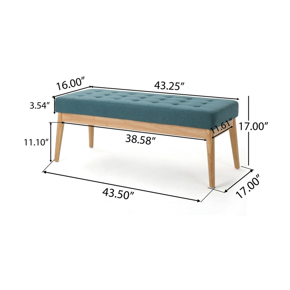Benjara Gisa Ottoman Bench, Teal Blue Fabric Tufted Seat, 44 Inch Brown Wood