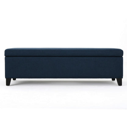 Benjara Harry Storage Ottoman Bench, Navy Blue Fabric 51 Inch Solid Birch Wood
