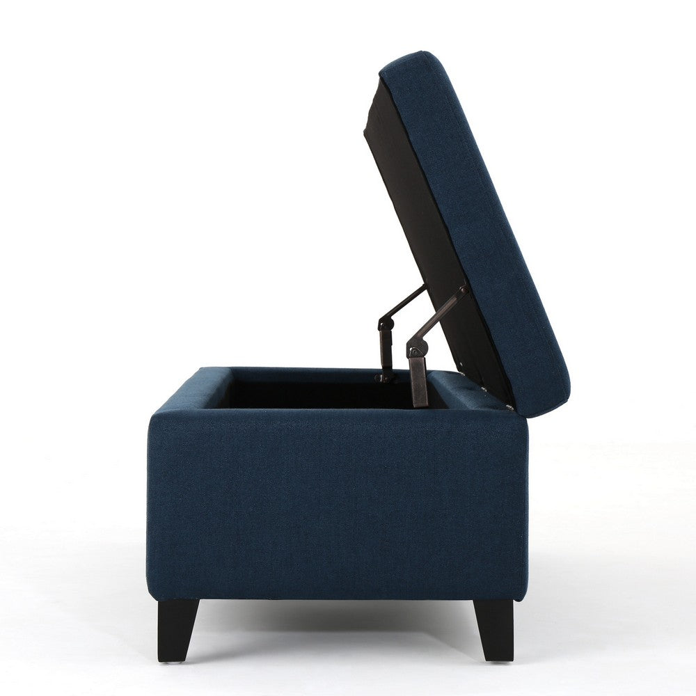 Benjara Harry Storage Ottoman Bench, Navy Blue Fabric 51 Inch Solid Birch Wood
