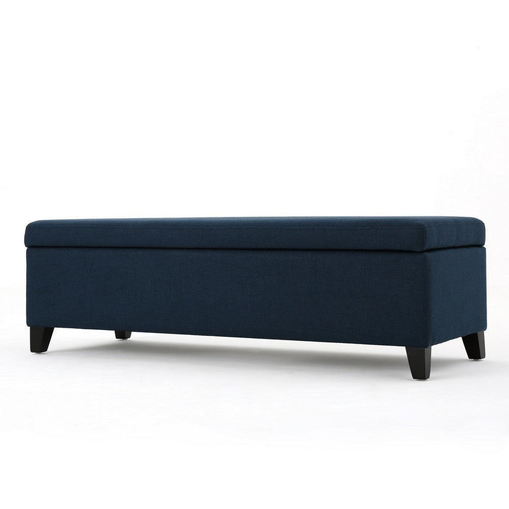 Benjara Harry Storage Ottoman Bench, Navy Blue Fabric 51 Inch Solid Birch Wood