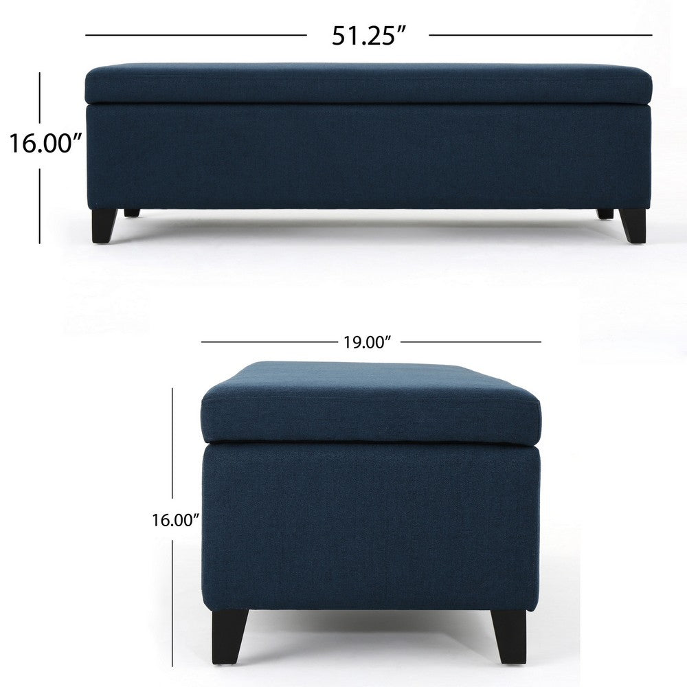 Benjara Harry Storage Ottoman Bench, Navy Blue Fabric 51 Inch Solid Birch Wood