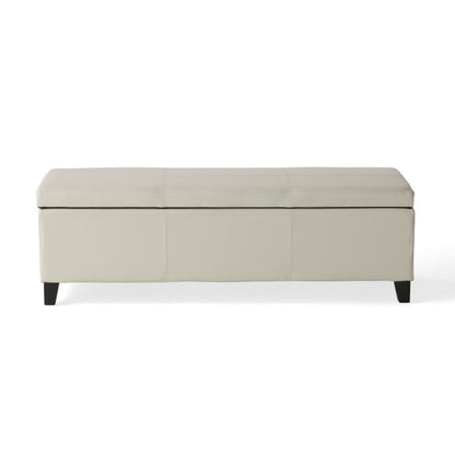Benjara Elias Storage Ottoman Bench, Detailed Ivory Faux Leather, 51 Inch