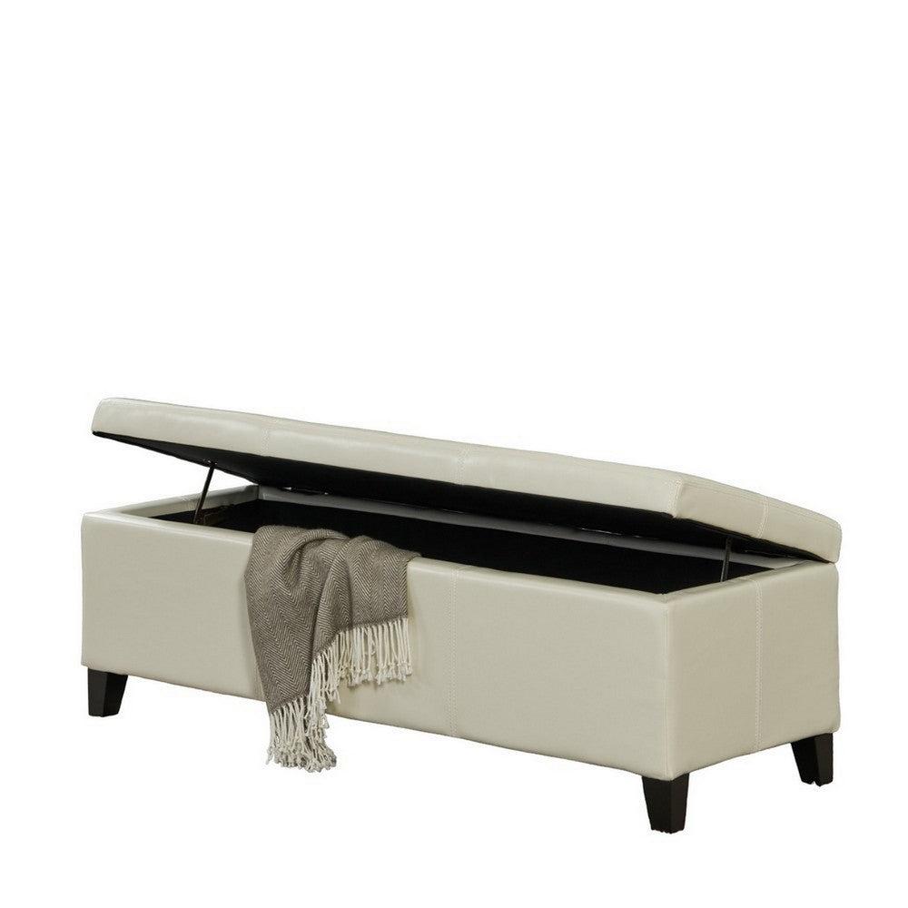 Benjara Elias Storage Ottoman Bench, Detailed Ivory Faux Leather, 51 Inch
