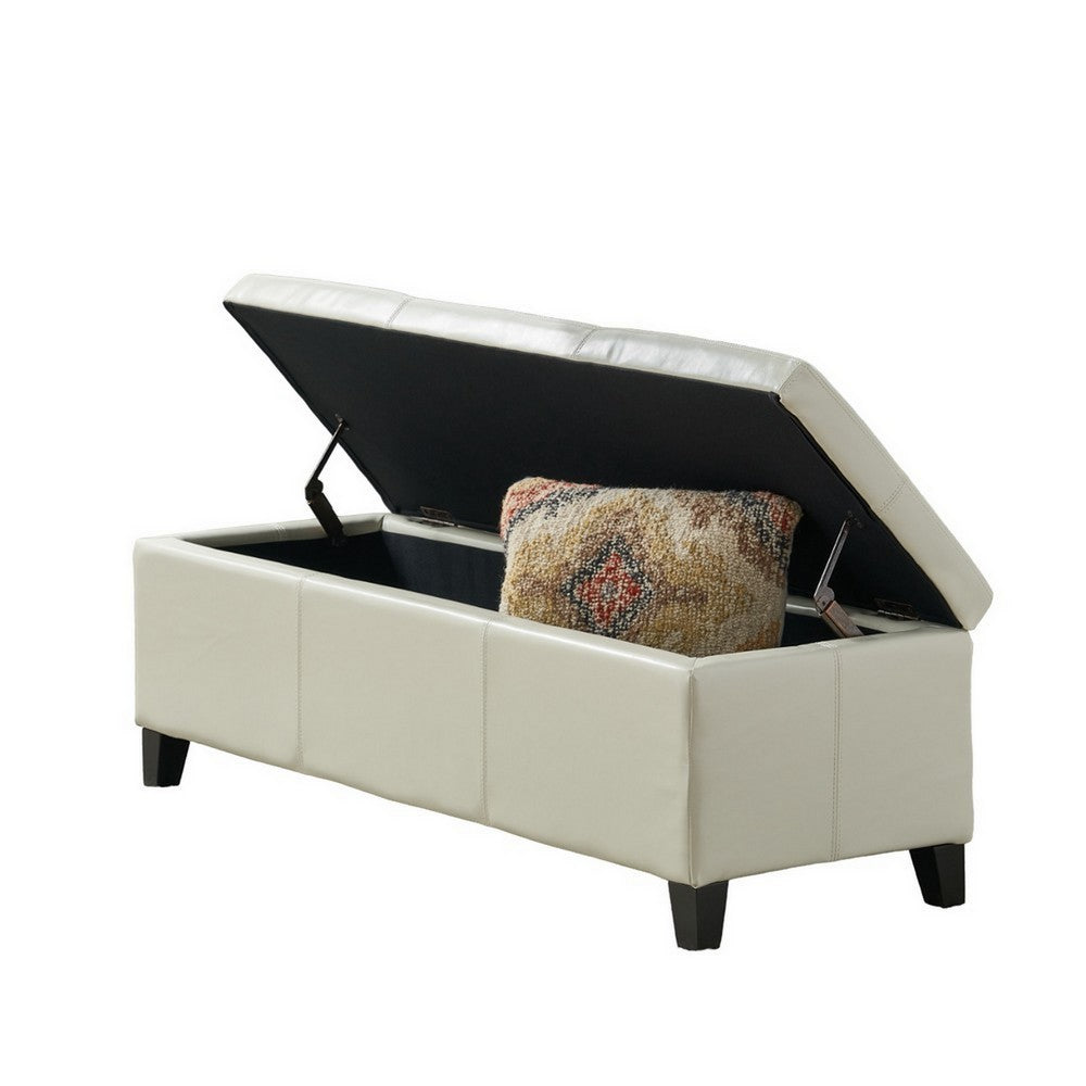 Benjara Elias Storage Ottoman Bench, Detailed Ivory Faux Leather, 51 Inch
