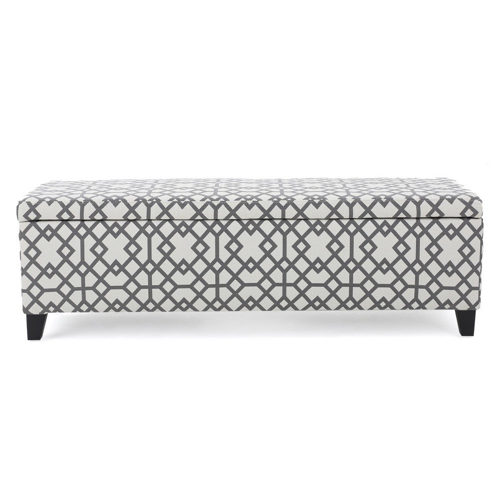Benjara Flash Storage Ottoman Bench, Light Gray Geometric Print Fabric 51 Inch