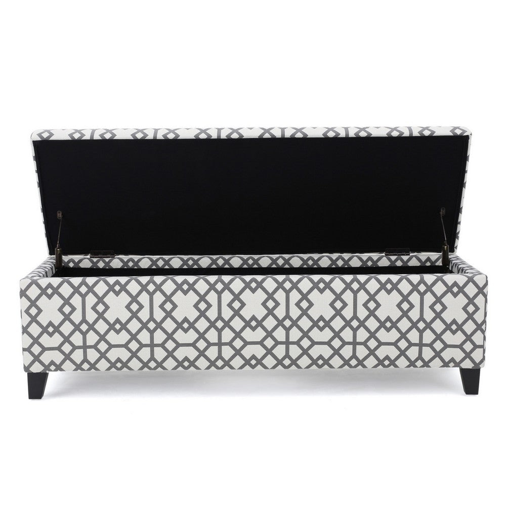 Benjara Flash Storage Ottoman Bench, Light Gray Geometric Print Fabric 51 Inch