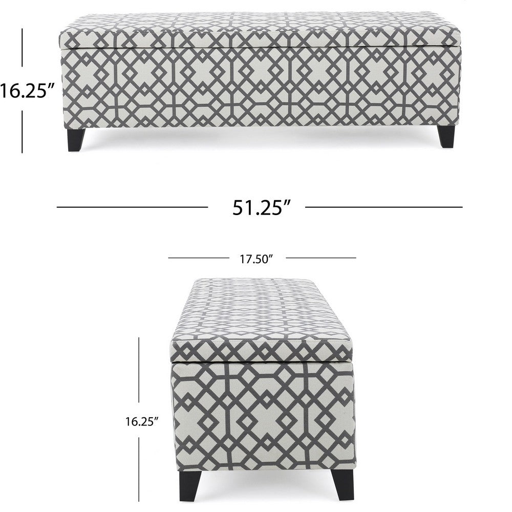 Benjara Flash Storage Ottoman Bench, Light Gray Geometric Print Fabric 51 Inch