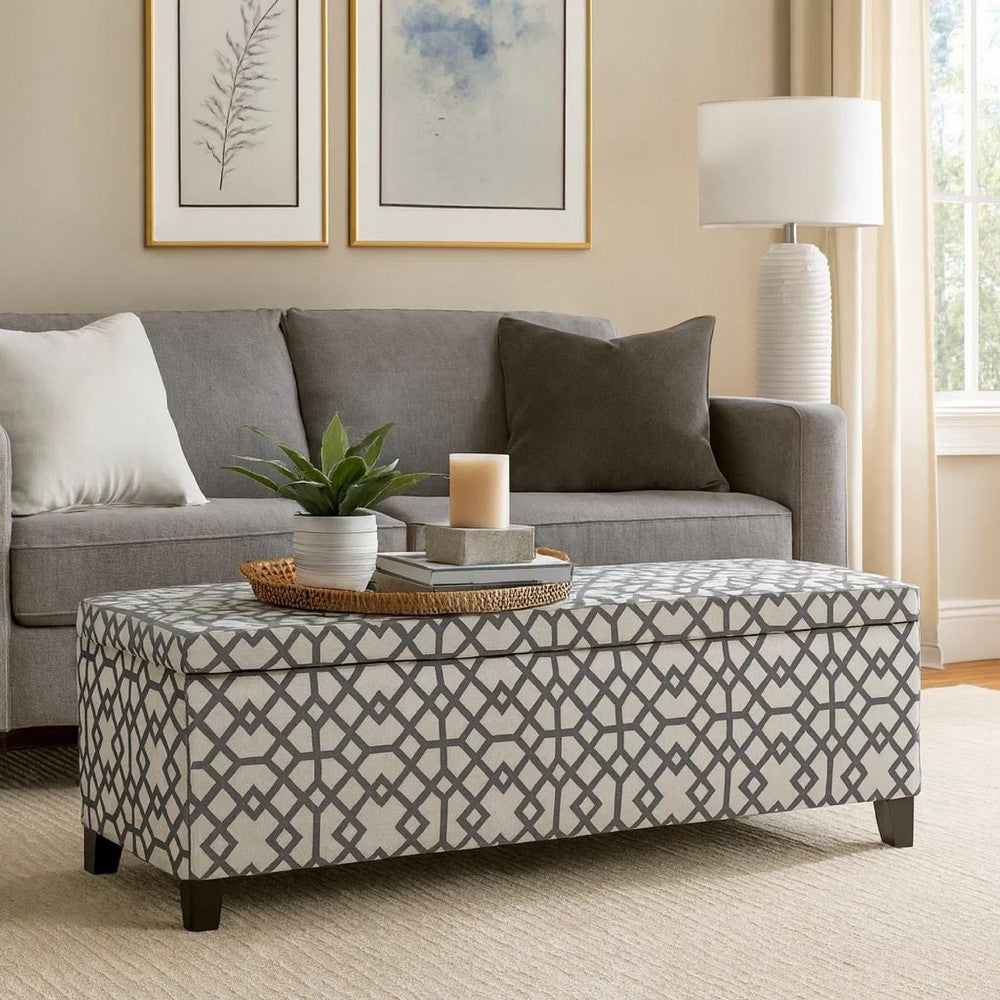 Benjara Flash Storage Ottoman Bench, Light Gray Geometric Print Fabric 51 Inch