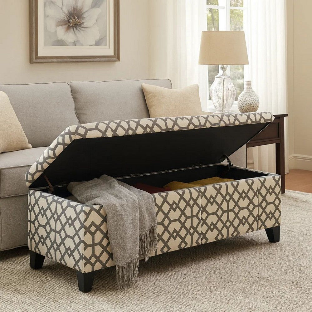 Benjara Flash Storage Ottoman Bench, Light Gray Geometric Print Fabric 51 Inch
