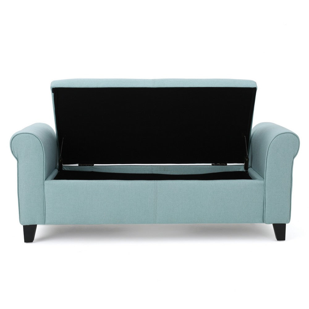 Benjara Jacob Storage Ottoman Bench, Rolled Arms, Blue Fabric, Black, 50 Inch