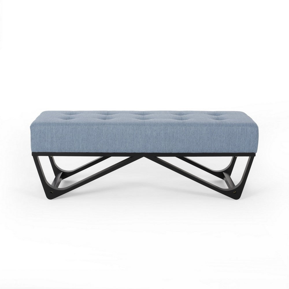 Benjara Liba Ottoman Bench, Button Tufted Light Blue Fabric, Black, 47 Inch