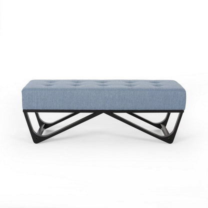 Benjara Liba Ottoman Bench, Button Tufted Light Blue Fabric, Black, 47 Inch
