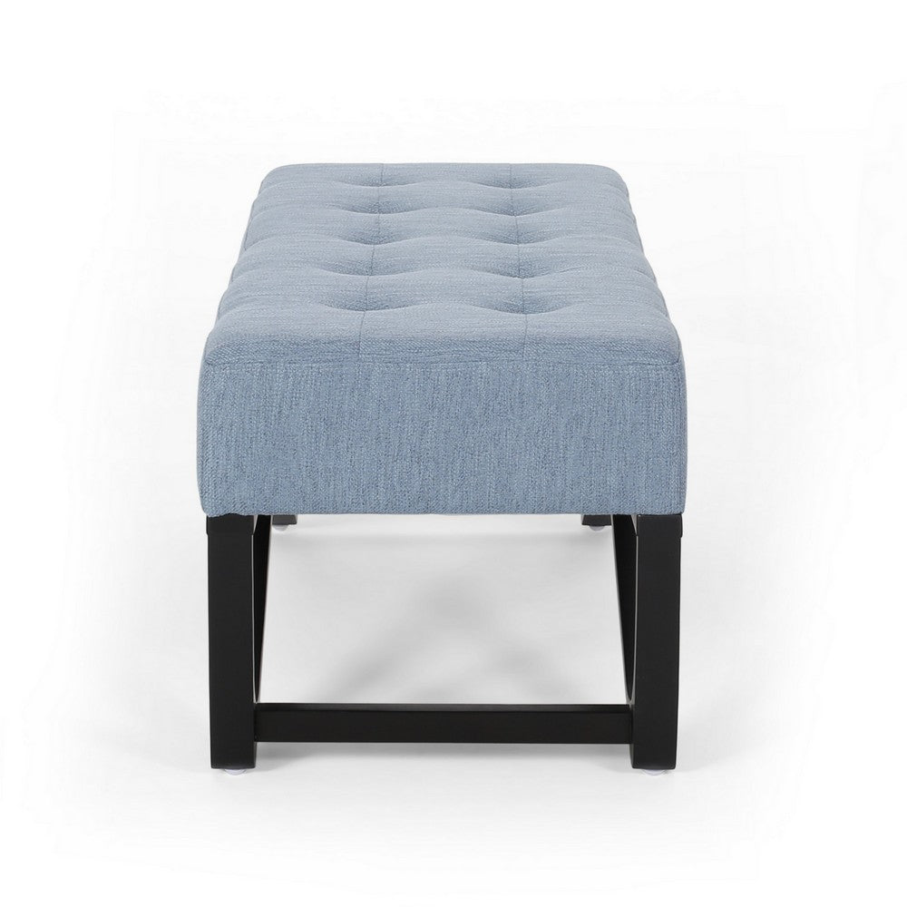 Benjara Liba Ottoman Bench, Button Tufted Light Blue Fabric, Black, 47 Inch