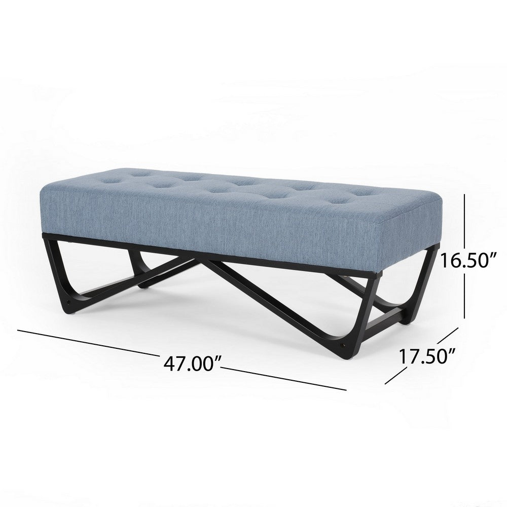 Benjara Liba Ottoman Bench, Button Tufted Light Blue Fabric, Black, 47 Inch