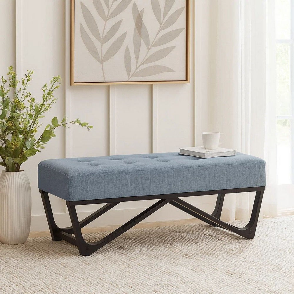 Benjara Liba Ottoman Bench, Button Tufted Light Blue Fabric, Black, 47 Inch