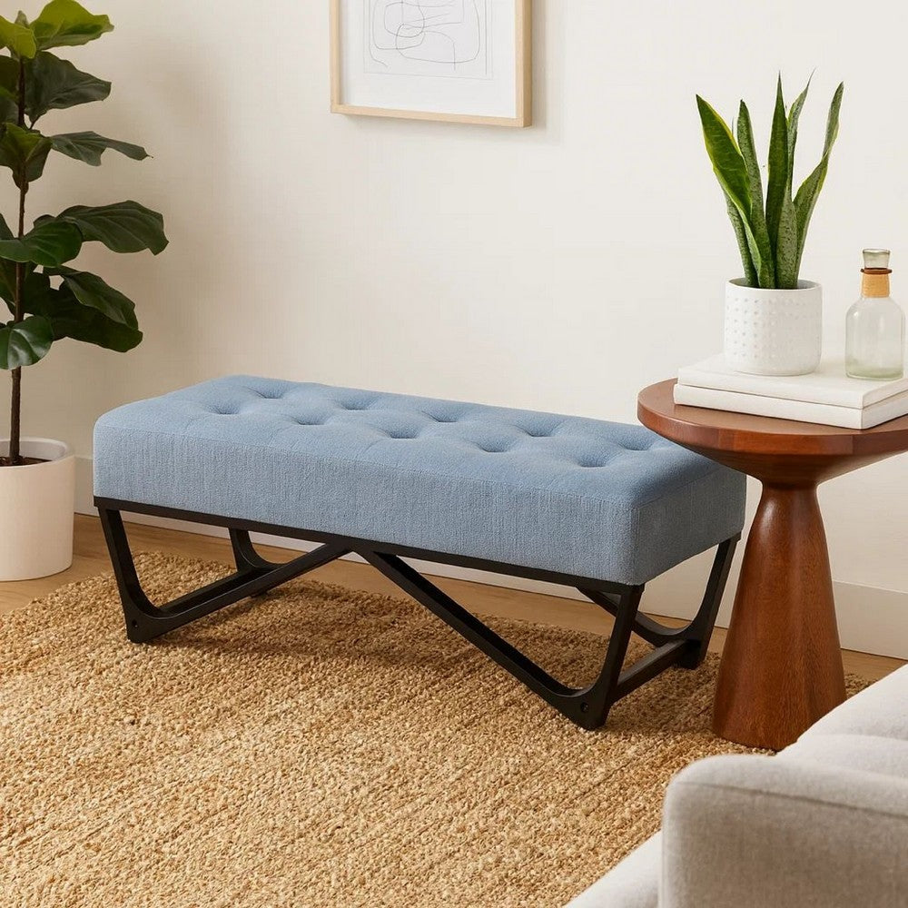 Benjara Liba Ottoman Bench, Button Tufted Light Blue Fabric, Black, 47 Inch