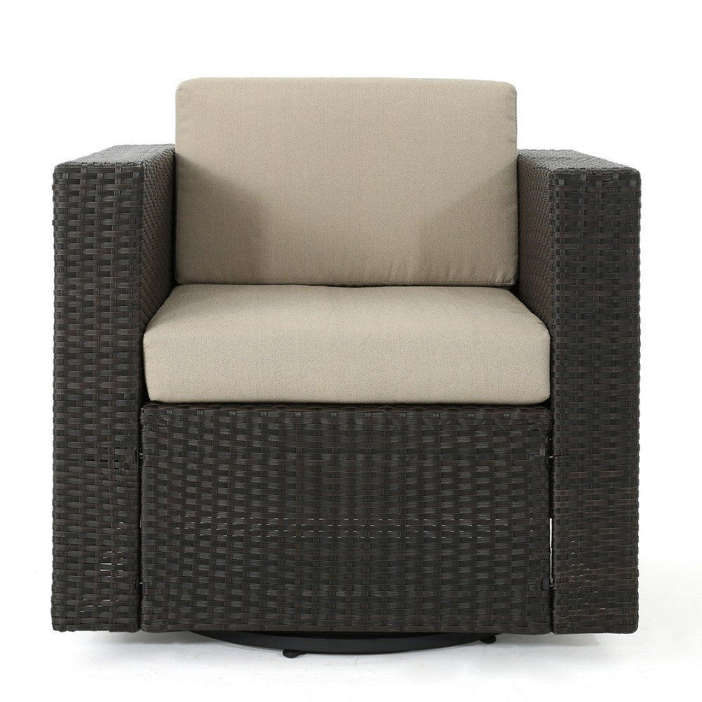 Benjara Perie Outdoor Swivel Accent Chair, Beige Fabric And Dark Brown Rattan