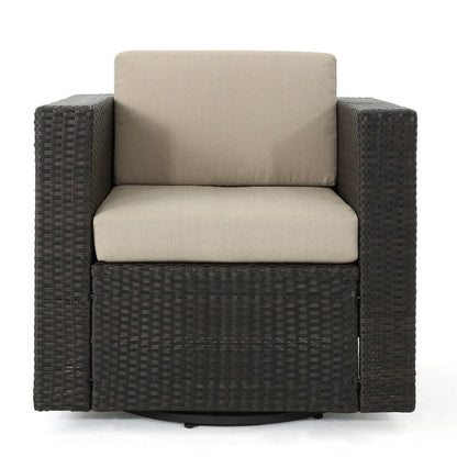 Benjara Perie Outdoor Swivel Accent Chair, Beige Fabric And Dark Brown Rattan