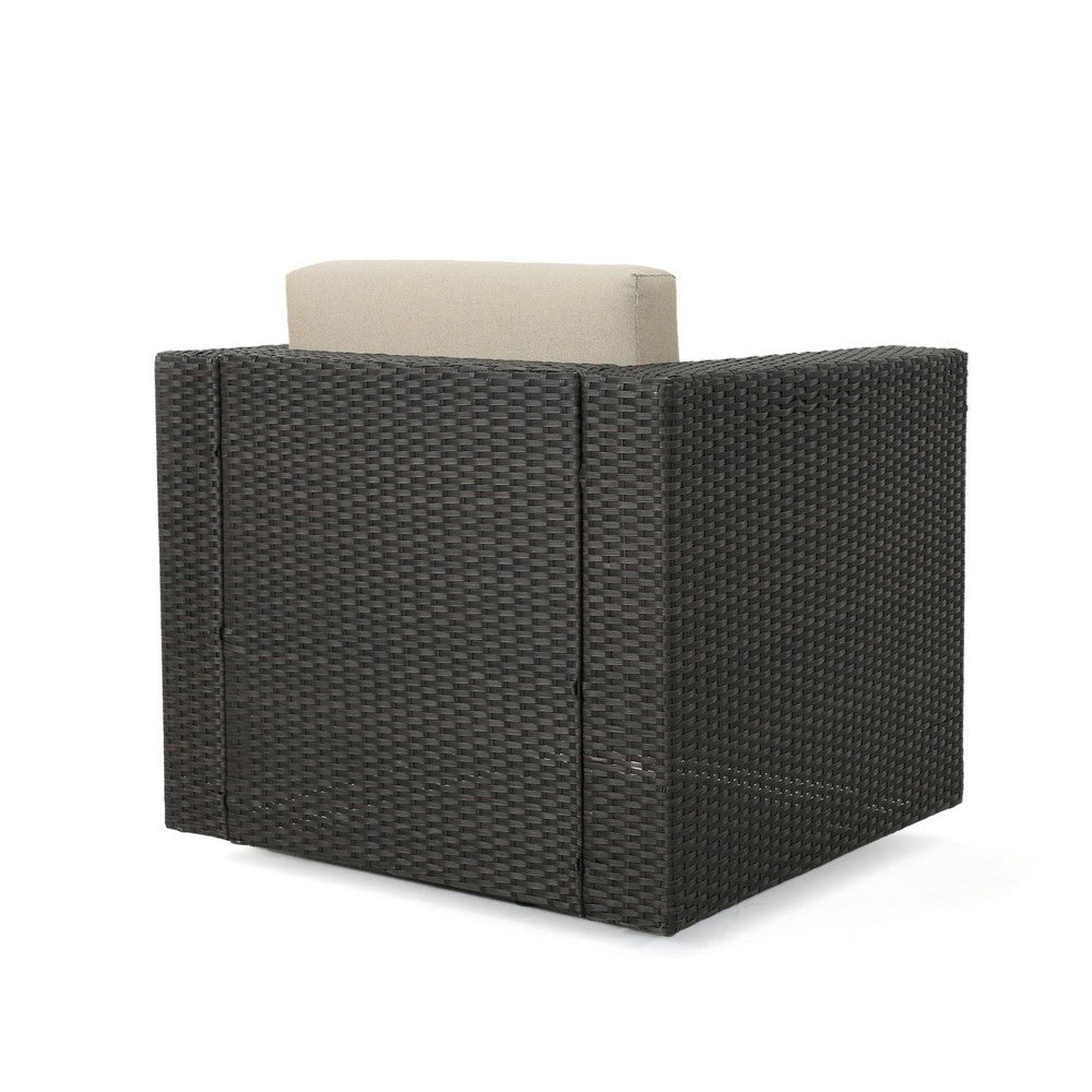 Benjara Perie Outdoor Swivel Accent Chair, Beige Fabric And Dark Brown Rattan
