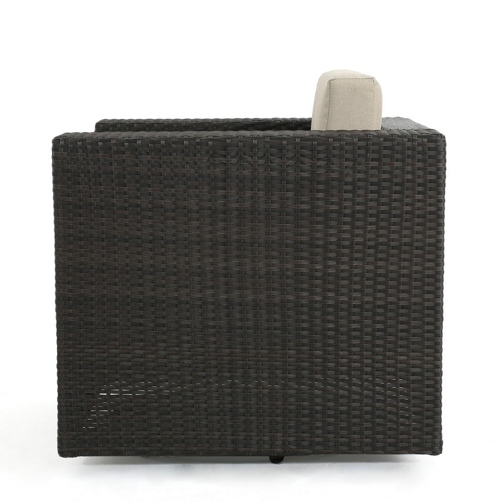 Benjara Perie Outdoor Swivel Accent Chair, Beige Fabric And Dark Brown Rattan