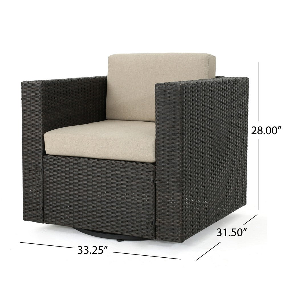 Benjara Perie Outdoor Swivel Accent Chair, Beige Fabric And Dark Brown Rattan