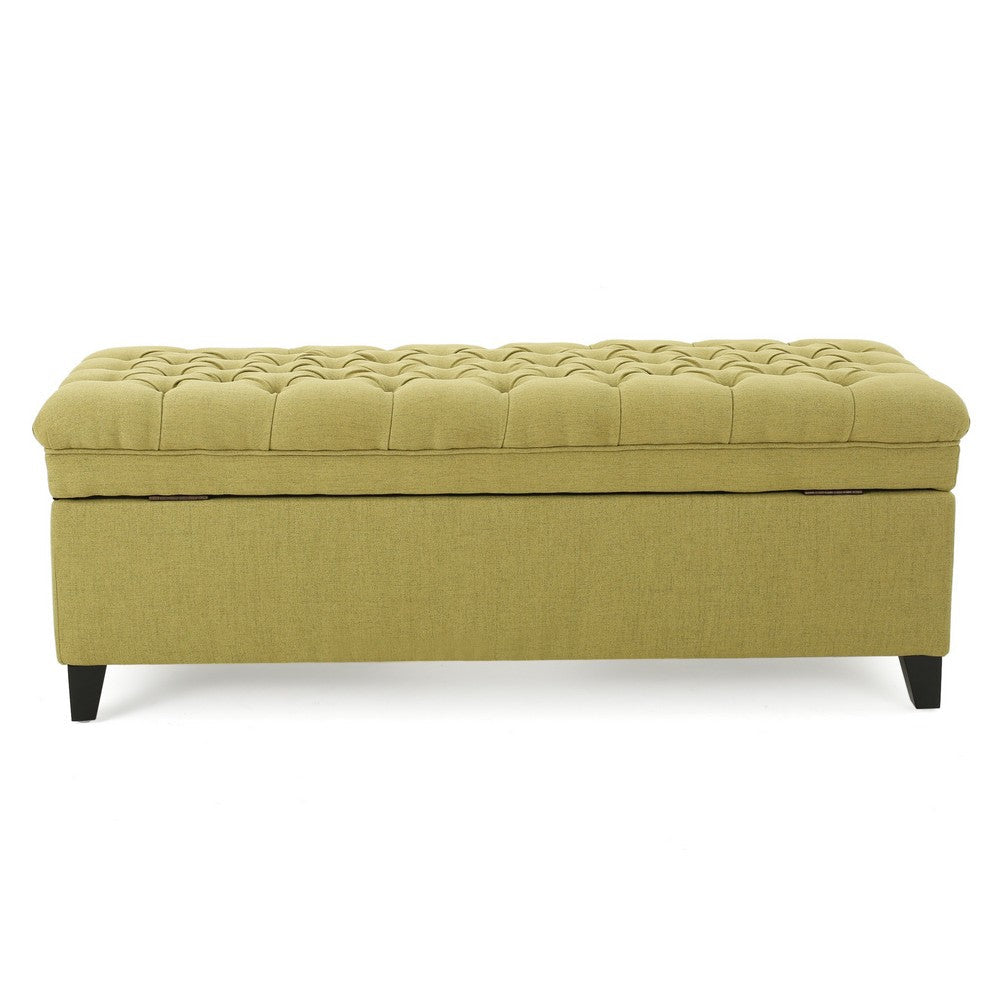 Benjara Rhya Storage Ottoman Bench, Soft Green Fabric, Black Wood, 50 Inch