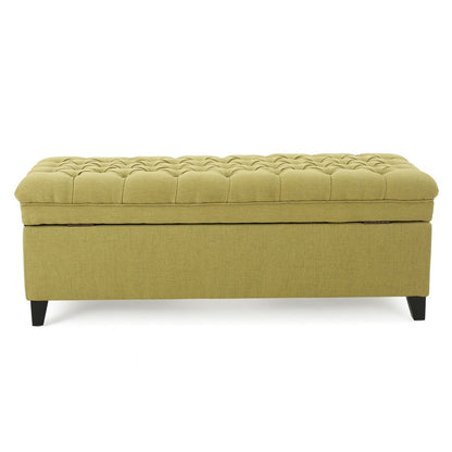 Benjara Rhya Storage Ottoman Bench, Soft Green Fabric, Black Wood, 50 Inch