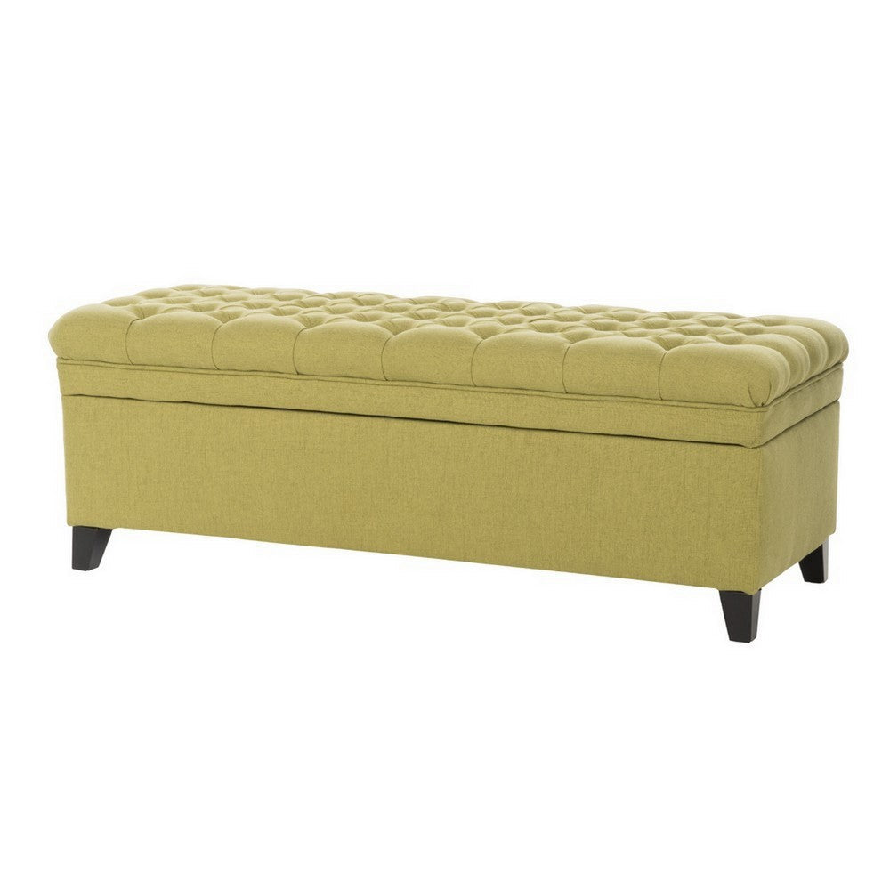 Benjara Rhya Storage Ottoman Bench, Soft Green Fabric, Black Wood, 50 Inch