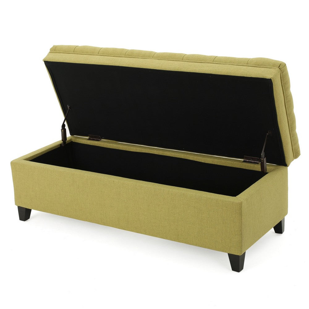 Benjara Rhya Storage Ottoman Bench, Soft Green Fabric, Black Wood, 50 Inch