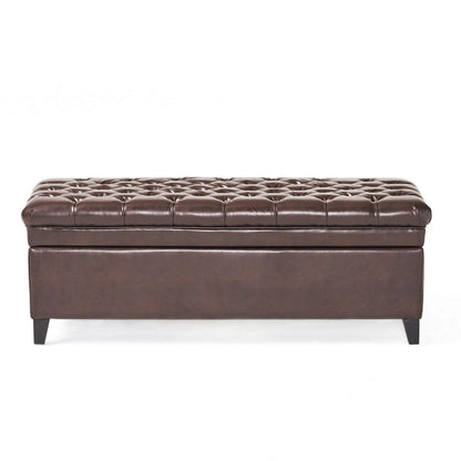 Benjara Rhya Storage Ottoman Bench, Brown Faux Leather, Black Wood, 50 Inch