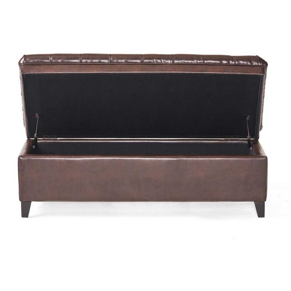 Benjara Rhya Storage Ottoman Bench, Brown Faux Leather, Black Wood, 50 Inch