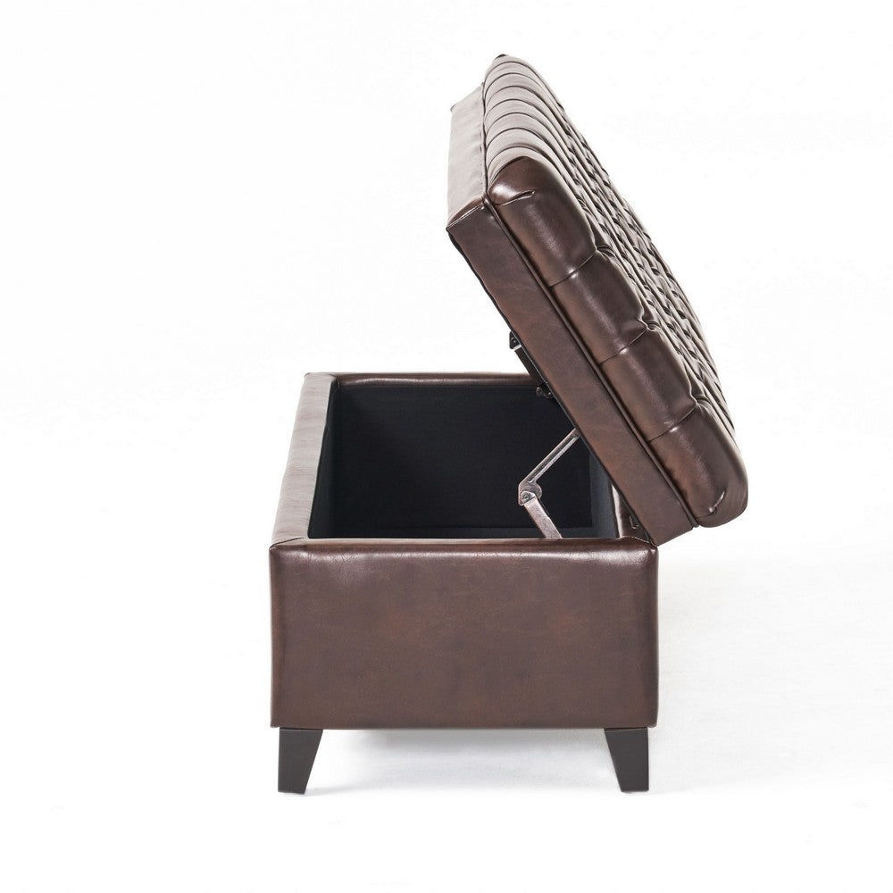 Benjara Rhya Storage Ottoman Bench, Brown Faux Leather, Black Wood, 50 Inch