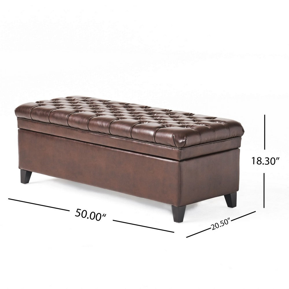 Benjara Rhya Storage Ottoman Bench, Brown Faux Leather, Black Wood, 50 Inch
