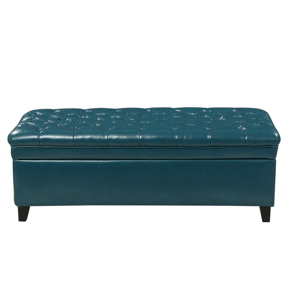 Benjara Rhya Storage Ottoman Bench, Teal Blue Faux Leather, Brown Wood 50 Inch