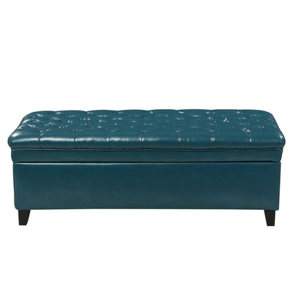 Benjara Rhya Storage Ottoman Bench, Teal Blue Faux Leather, Brown Wood 50 Inch