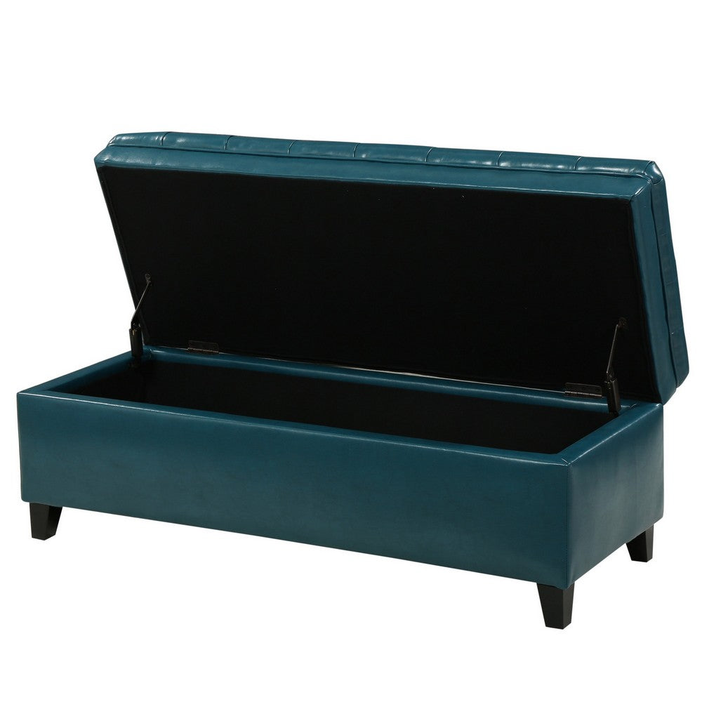 Benjara Rhya Storage Ottoman Bench, Teal Blue Faux Leather, Brown Wood 50 Inch