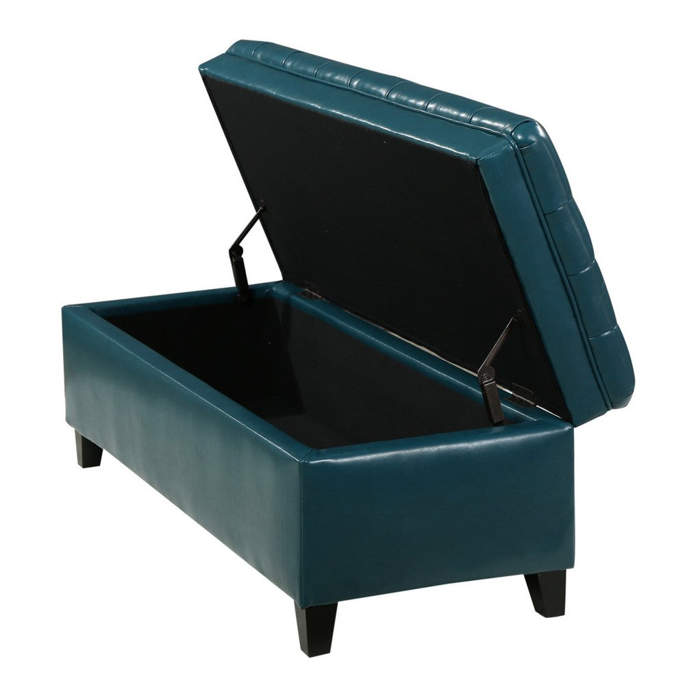 Benjara Rhya Storage Ottoman Bench, Teal Blue Faux Leather, Brown Wood 50 Inch