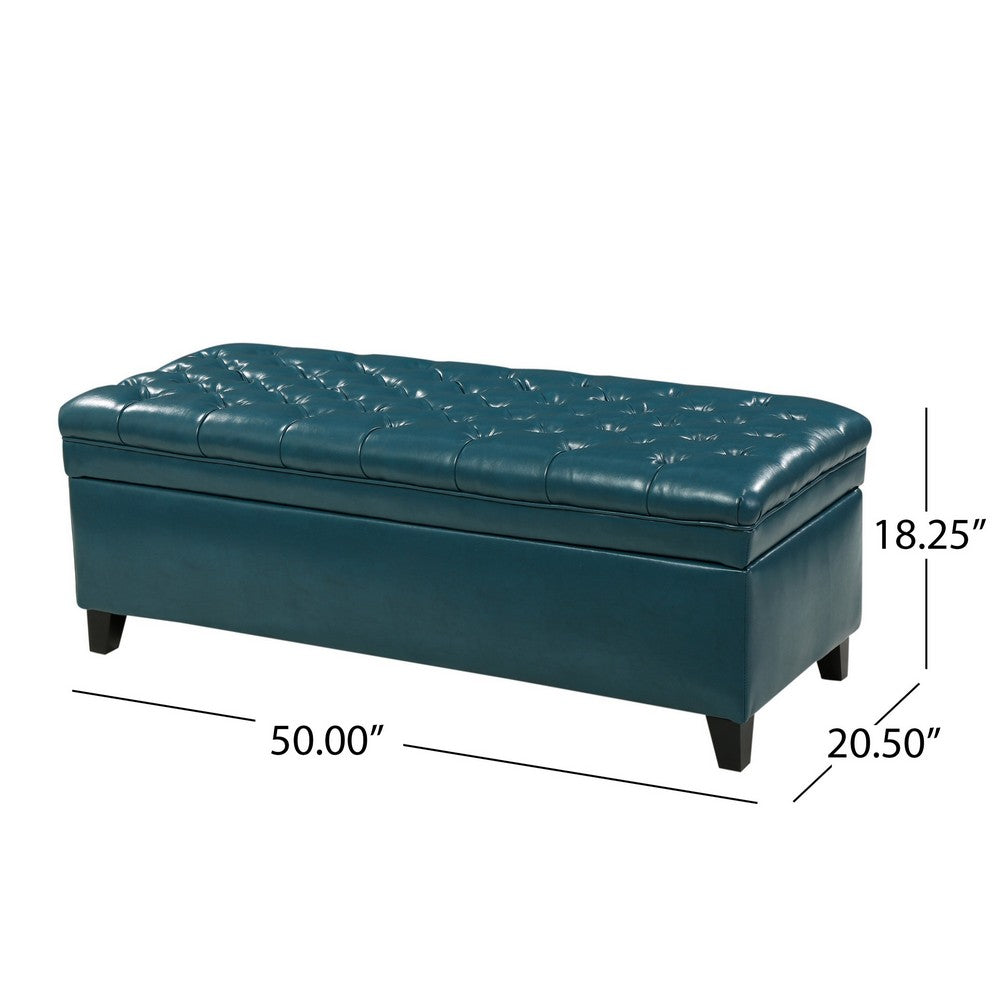Benjara Rhya Storage Ottoman Bench, Teal Blue Faux Leather, Brown Wood 50 Inch