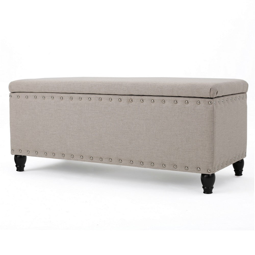 Benjara Sharon Storage Ottoman Bench, Beige Fabric, Nailhead Trim, 42 Inch