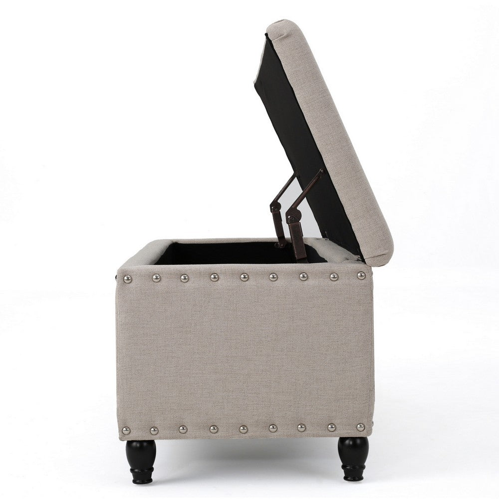 Benjara Sharon Storage Ottoman Bench, Beige Fabric, Nailhead Trim, 42 Inch