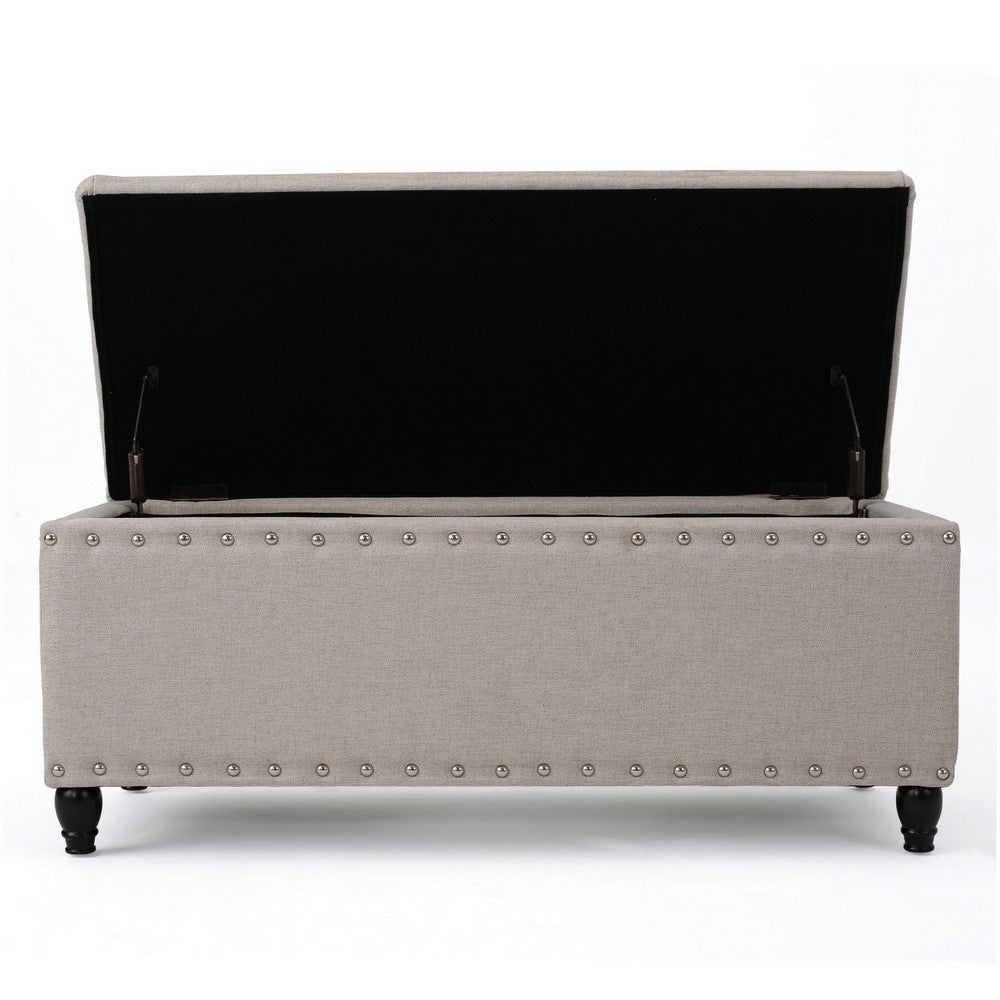 Benjara Sharon Storage Ottoman Bench, Beige Fabric, Nailhead Trim, 42 Inch