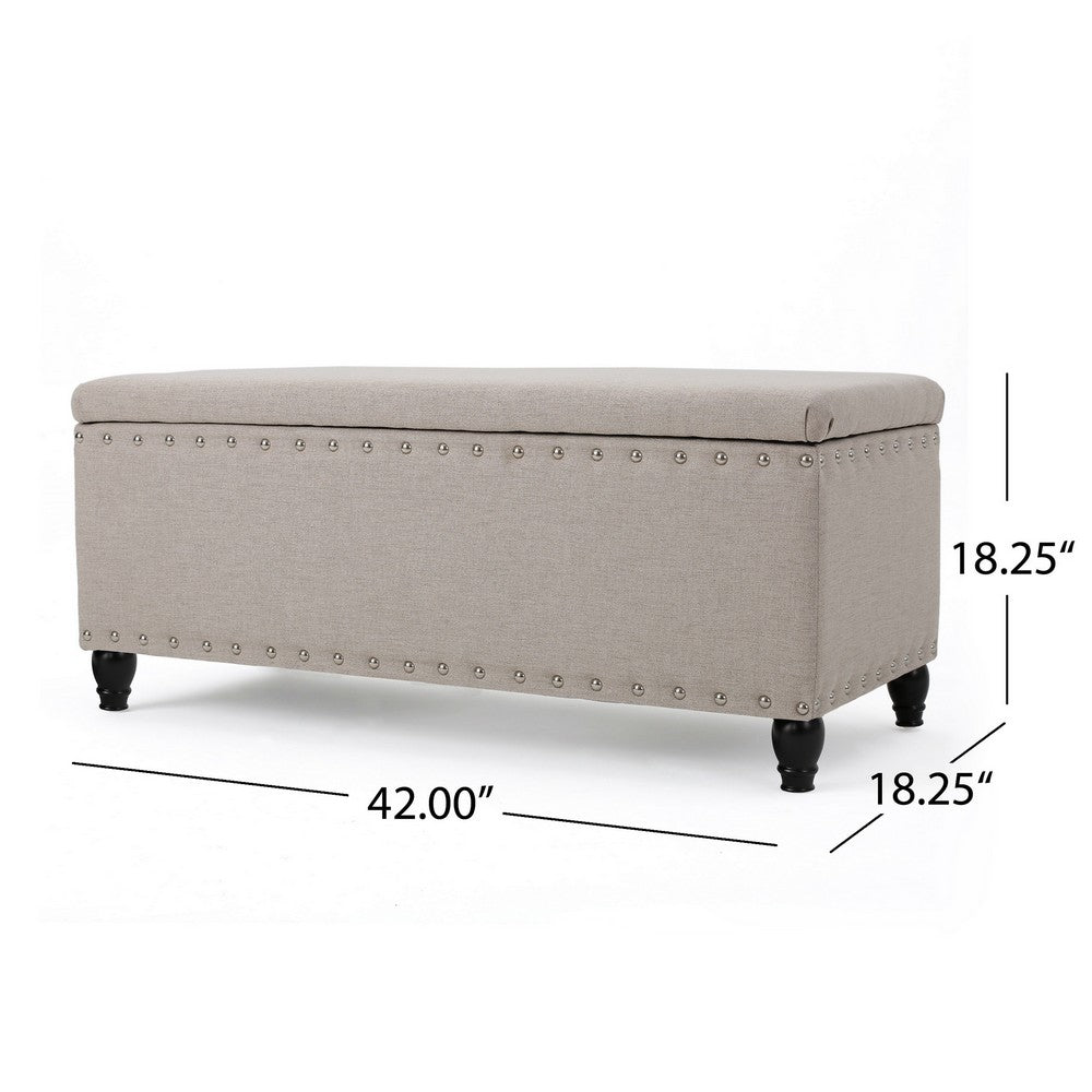Benjara Sharon Storage Ottoman Bench, Beige Fabric, Nailhead Trim, 42 Inch