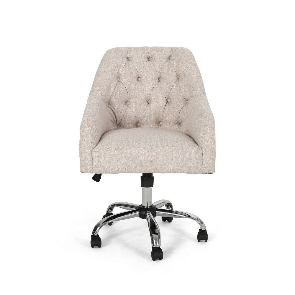 Benjara Nysa Swivel Office Chair, Tufted Beige Fabric, Chrome Steel