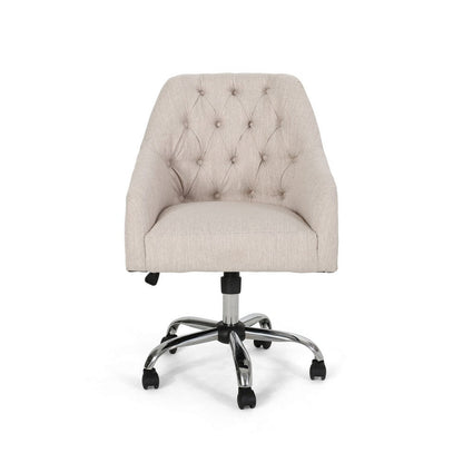 Benjara Nysa Swivel Office Chair, Tufted Beige Fabric, Chrome Steel