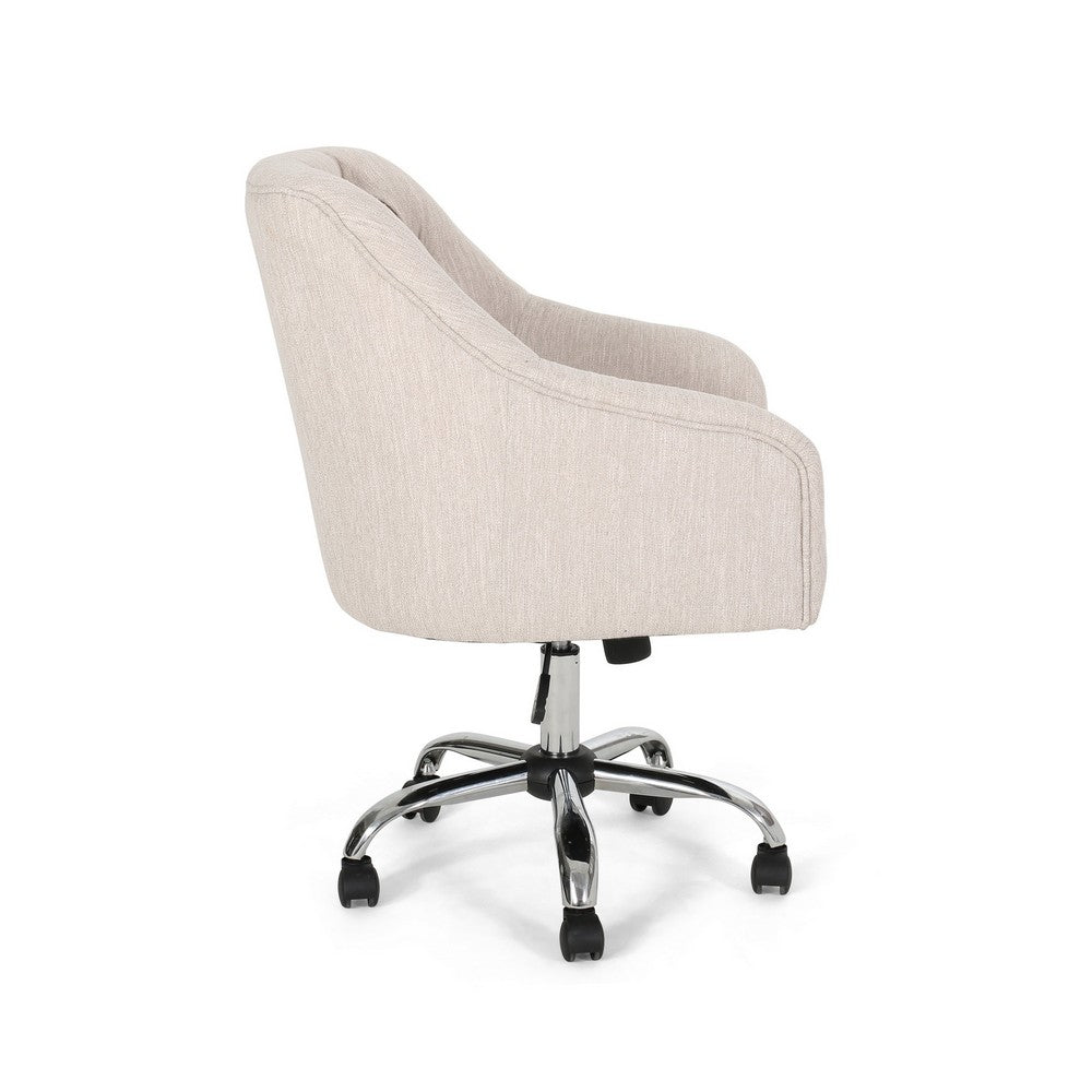 Benjara Nysa Swivel Office Chair, Tufted Beige Fabric, Chrome Steel