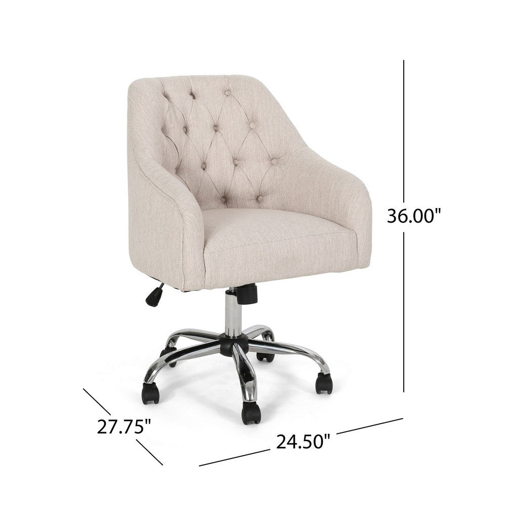 Benjara Nysa Swivel Office Chair, Tufted Beige Fabric, Chrome Steel