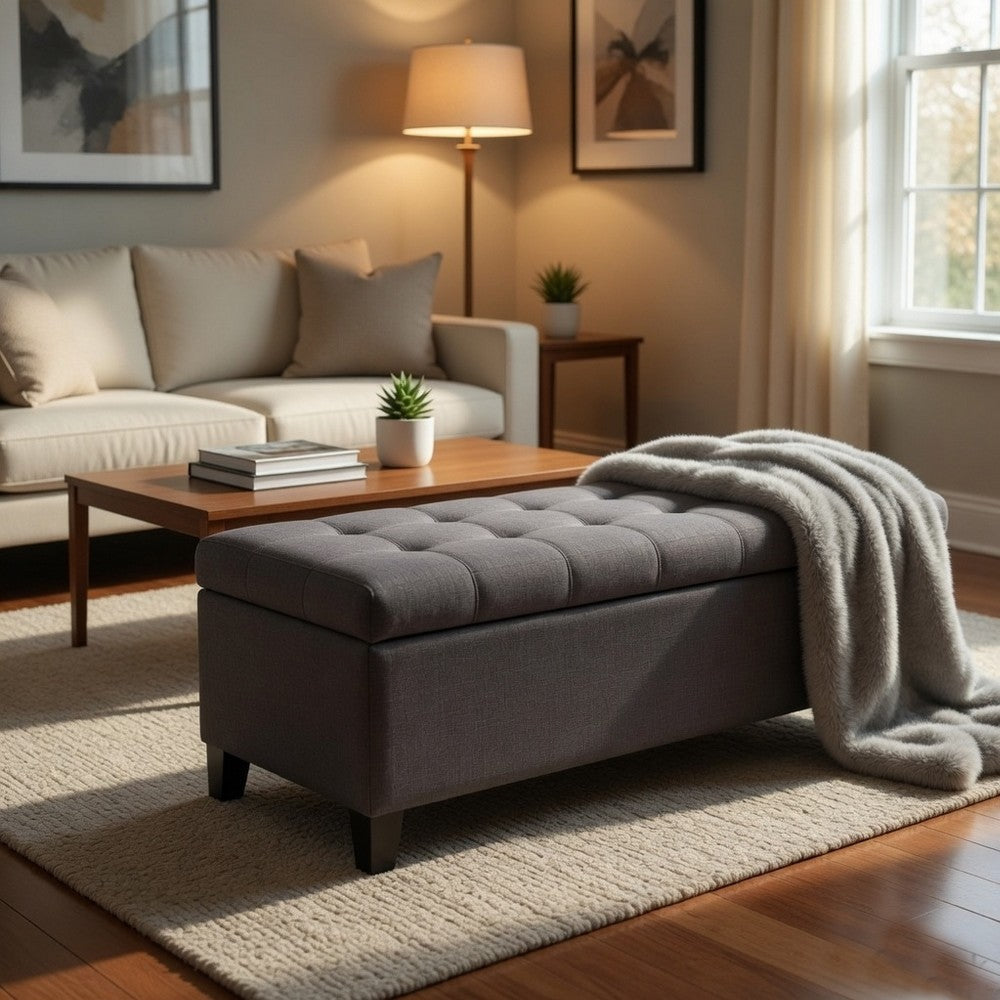 Benjara Nira Storage Ottoman Bench, Button Tufted Dark Gray Fabric, 51 Inch
