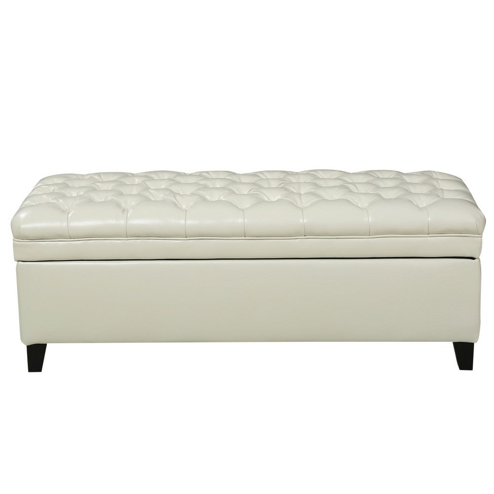 Benjara Rhya Storage Ottoman Bench, Ivory Faux Leather, Brown Wood, 50 Inch